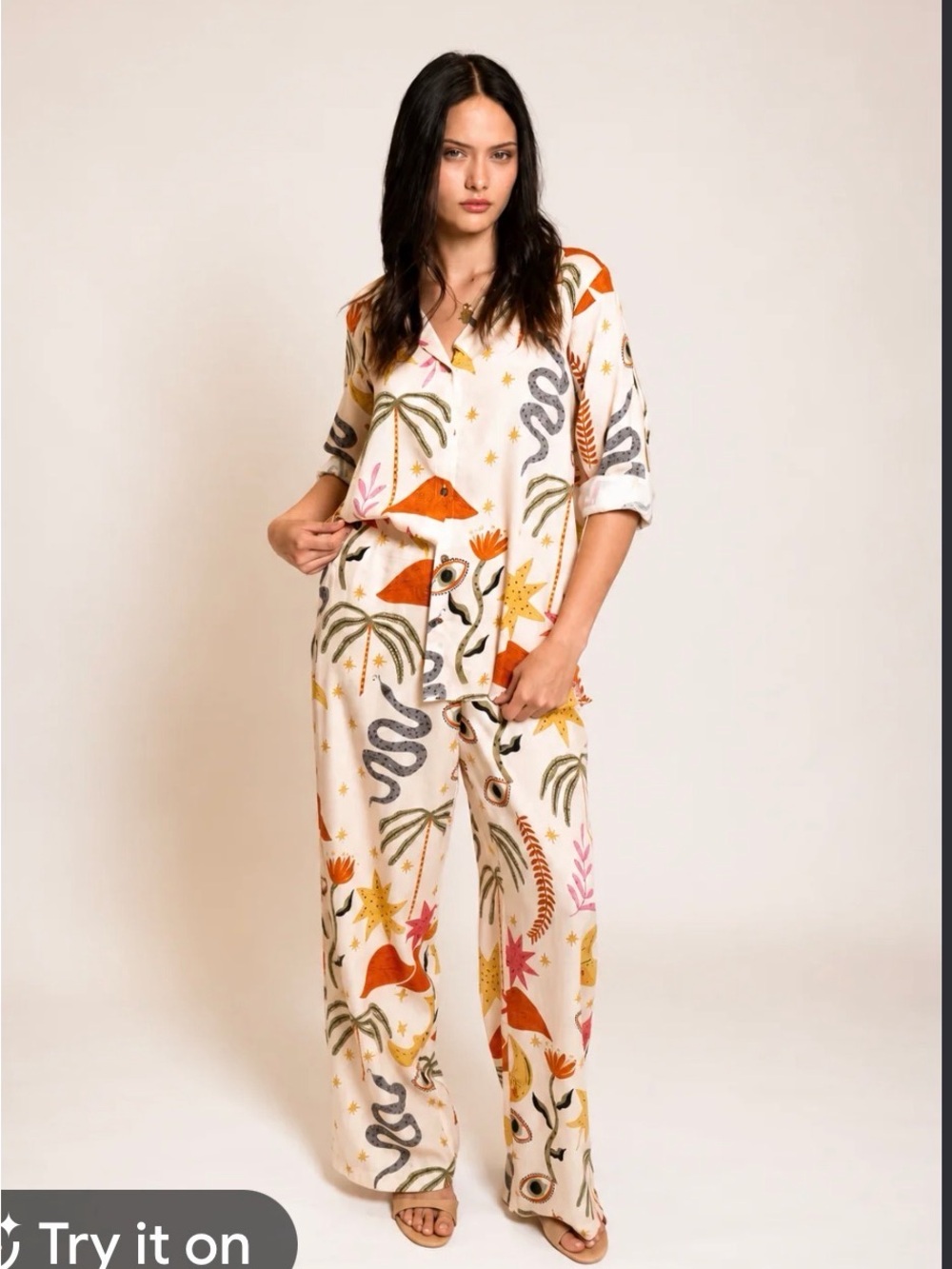 Z&L Europe Woven Button-Up Set in Cream with Multicolor Botanical Print